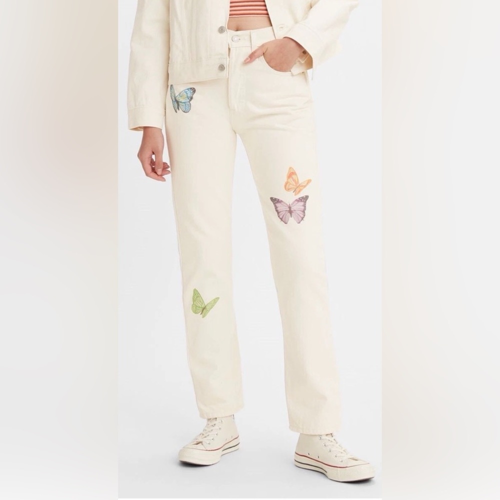 Levi's Women's Cream Straight-Leg Jeans with Orange Butterfly